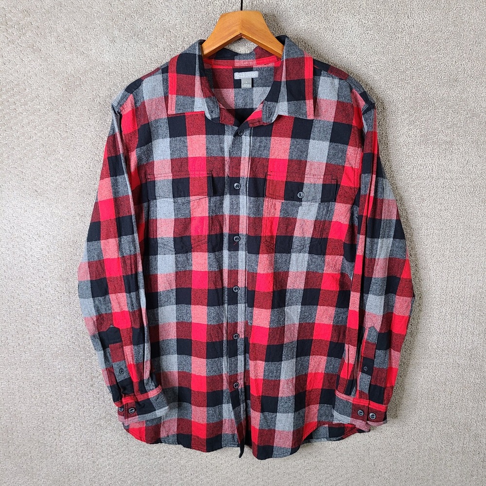 Falls Creek Shirt Mens L Red Black Plaid Button Down Flannel Cotton Long Sleeve